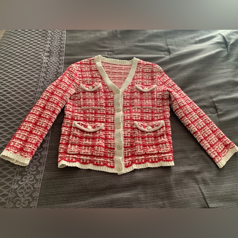 Maje Red White Tweed Jacket Cardigan